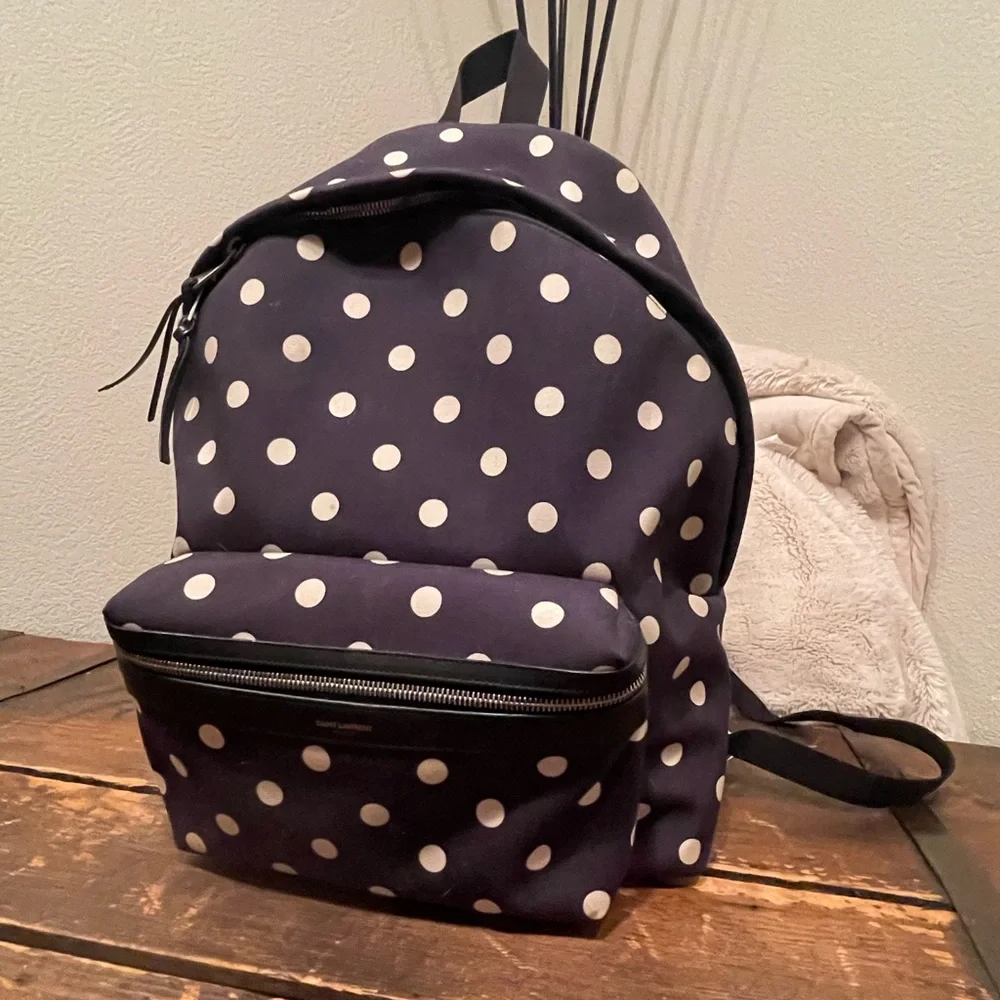 Saint Laurent Navy/White Polka Dot City Backpack - Picture 2 of 6